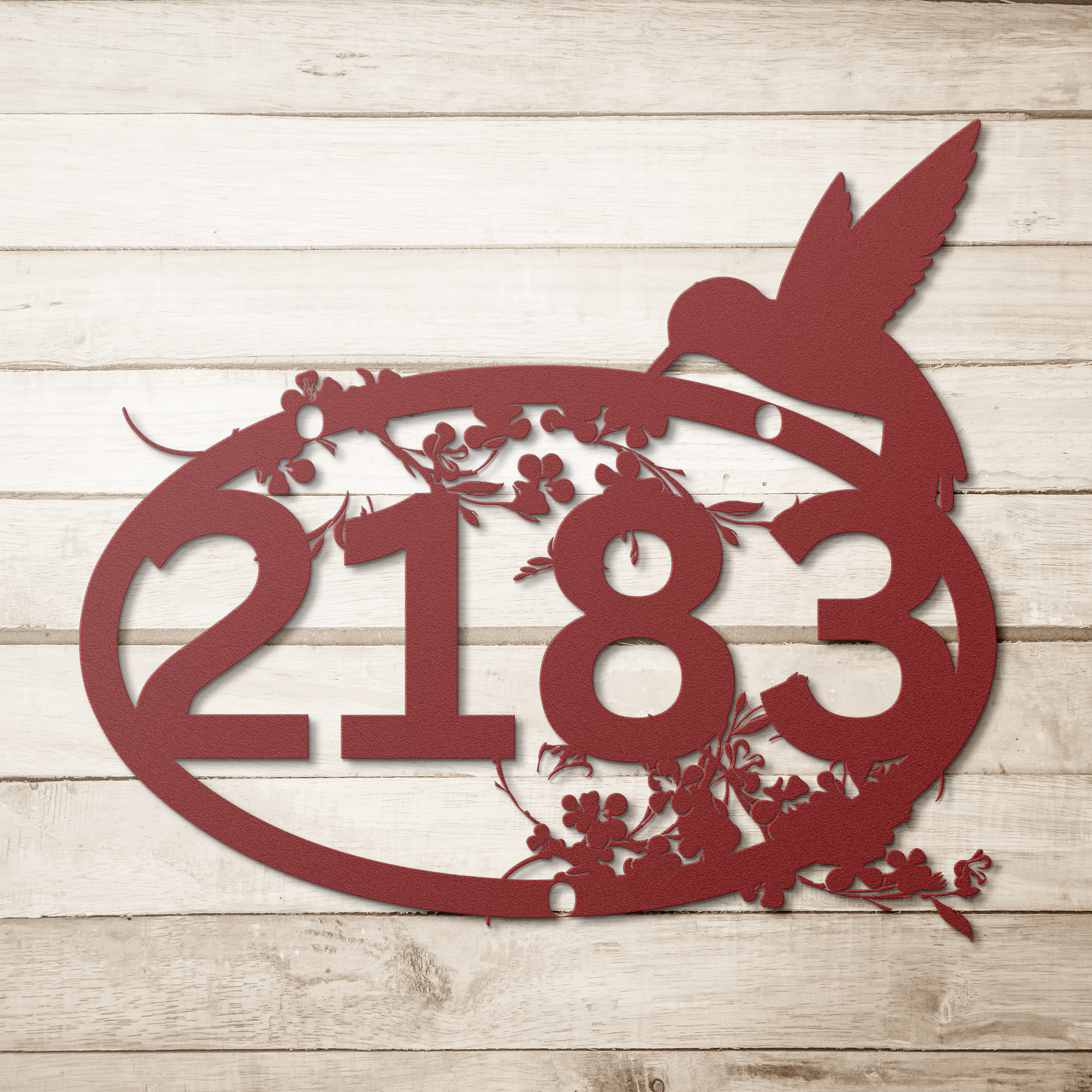 PERSONLIZED_HUMMINGBIRD_ADDRESS_METAL_SI_Red_Simple_Wood_BKGD_Mockup.png