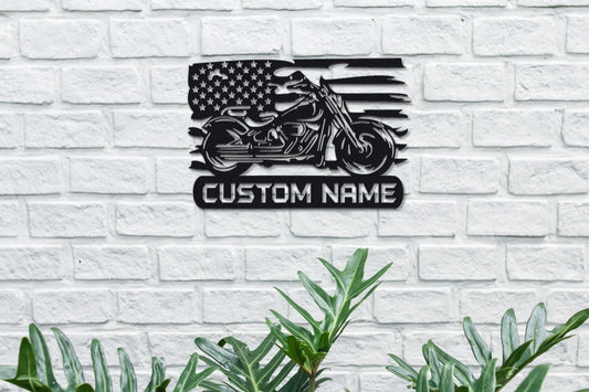 BIKER WITH AMERICAN FLAG PERSONALIZED  METAL SIGN
